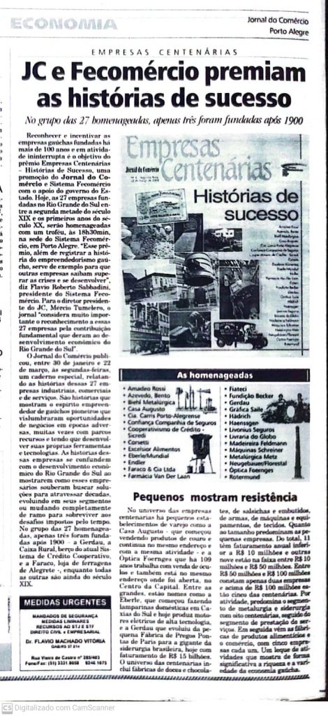 Matéria de divulgação do Jornal do Comércio do prêmio “Empresas Centenárias - Uma História de Sucesso”.